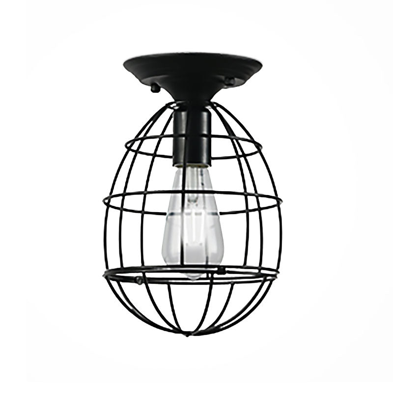 Plafonnier industriel élégant en fer noir - Design cage ovale/cloche, 1 lampe suspendue semi-encastrée pour couloir