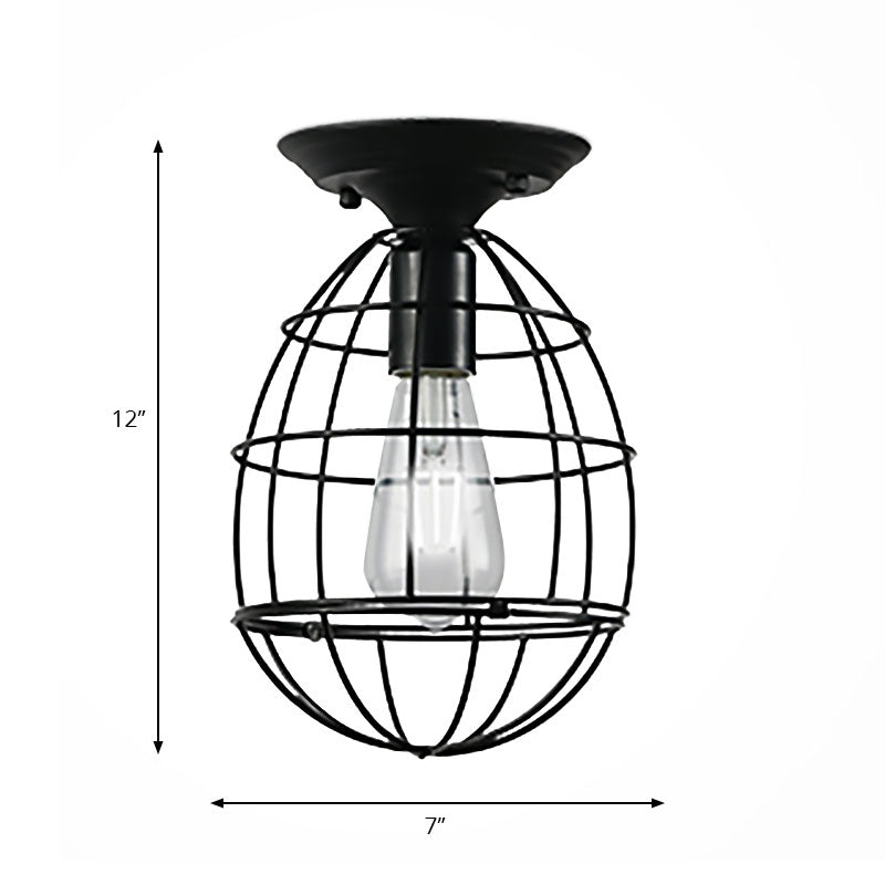 Plafonnier industriel élégant en fer noir - Design cage ovale/cloche, 1 lampe suspendue semi-encastrée pour couloir