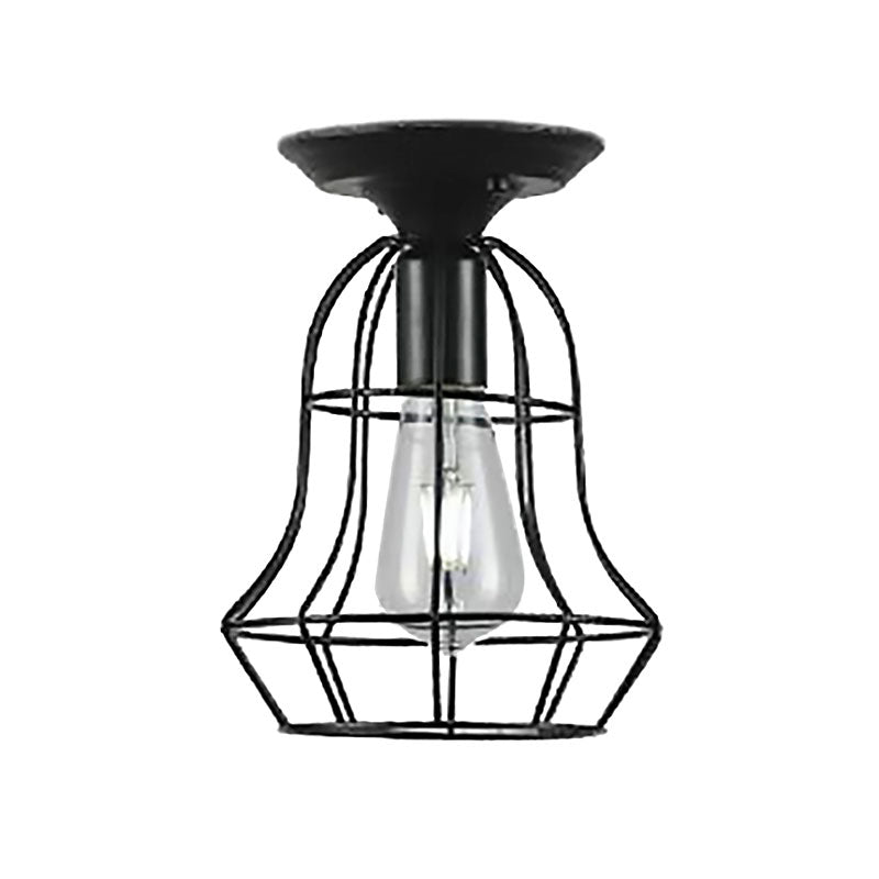 Plafonnier industriel élégant en fer noir - Design cage ovale/cloche, 1 lampe suspendue semi-encastrée pour couloir
