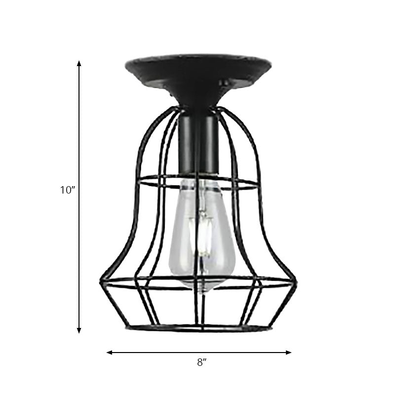Plafonnier industriel élégant en fer noir - Design cage ovale/cloche, 1 lampe suspendue semi-encastrée pour couloir