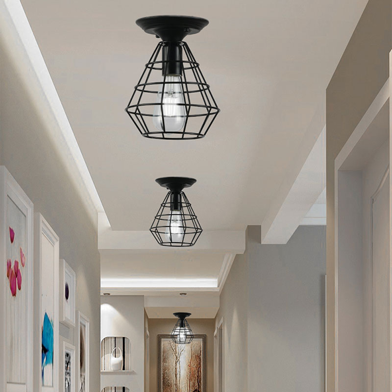 Plafonnier industriel élégant en fer noir - Design cage ovale/cloche, 1 lampe suspendue semi-encastrée pour couloir