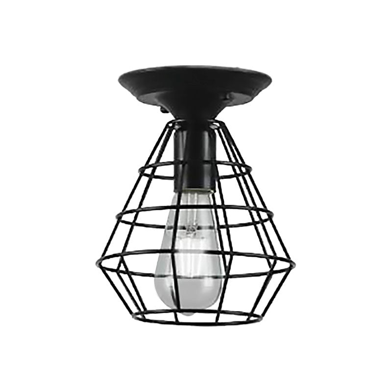 Plafonnier industriel élégant en fer noir - Design cage ovale/cloche, 1 lampe suspendue semi-encastrée pour couloir