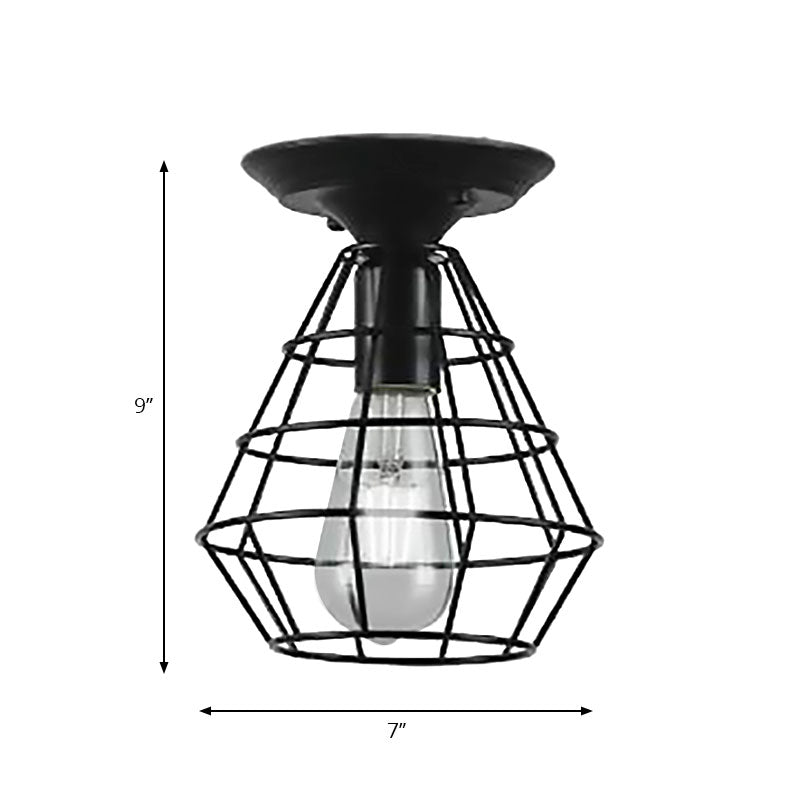 Plafonnier industriel élégant en fer noir - Design cage ovale/cloche, 1 lampe suspendue semi-encastrée pour couloir