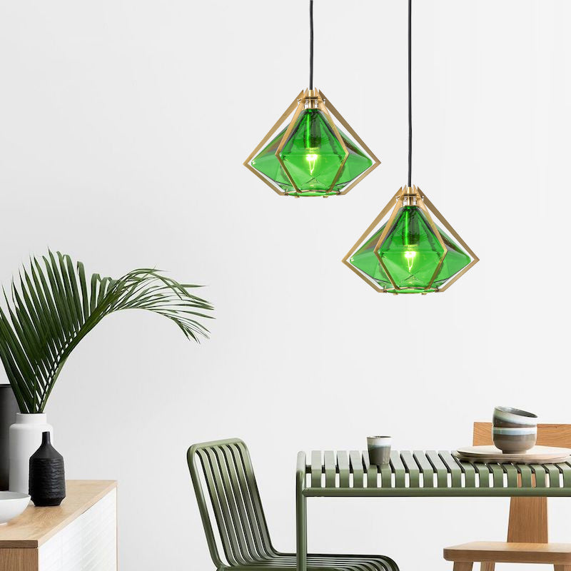 Modern Glass Diamond Pendant Light - Green/Clear/Textured White - 1 Light - Stout/Linear/Bell Metal Cage