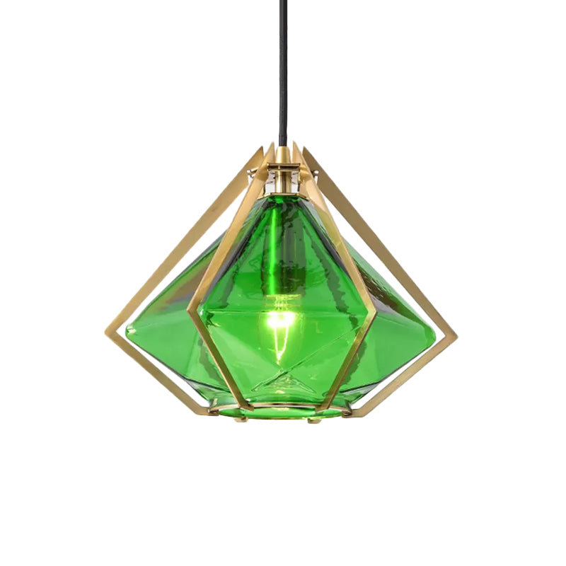 Modern Diamond Pendant Light With Metal Cage And Textured Glass In Green/Clear/White