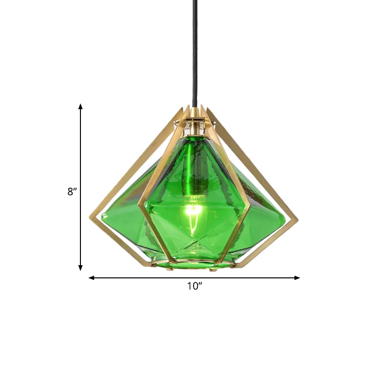 Modern Glass Diamond Pendant Light - Green/Clear/Textured White - 1 Light - Stout/Linear/Bell Metal Cage
