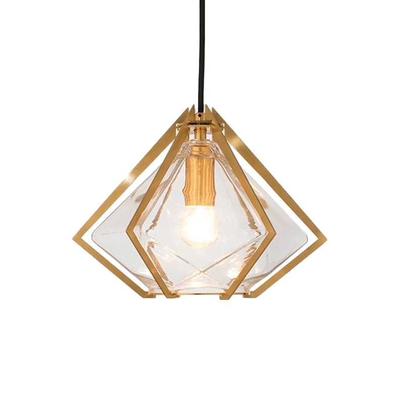 Modern Diamond Pendant Light With Metal Cage And Textured Glass In Green/Clear/White