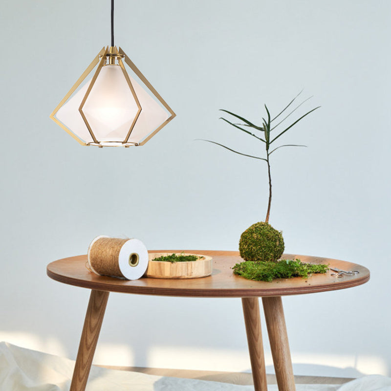 Modern Glass Diamond Pendant Light - Green/Clear/Textured White - 1 Light - Stout/Linear/Bell Metal Cage