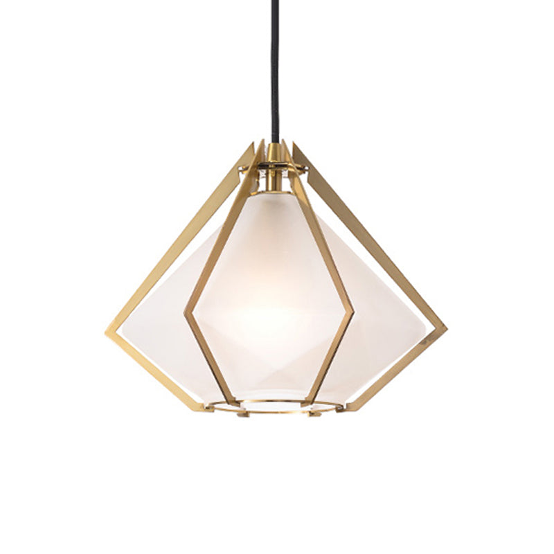 Modern Glass Diamond Pendant Light - Green/Clear/Textured White - 1 Light - Stout/Linear/Bell Metal Cage