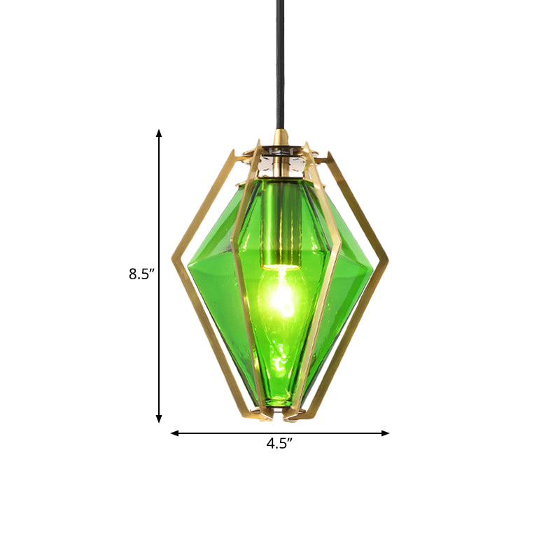 Modern Diamond Pendant Light With Metal Cage And Textured Glass In Green/Clear/White