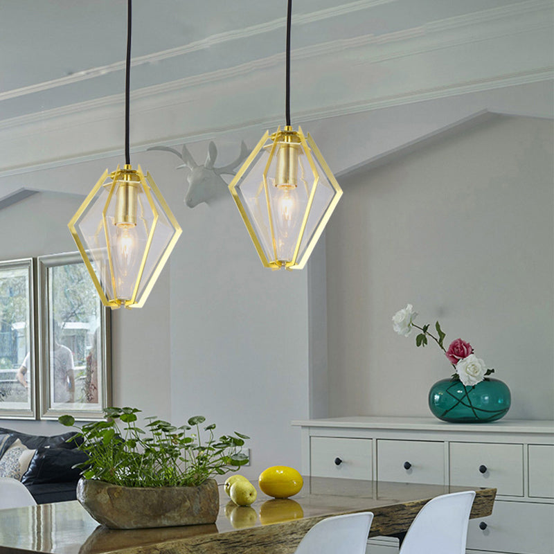 Modern Diamond Pendant Light With Metal Cage And Textured Glass In Green/Clear/White