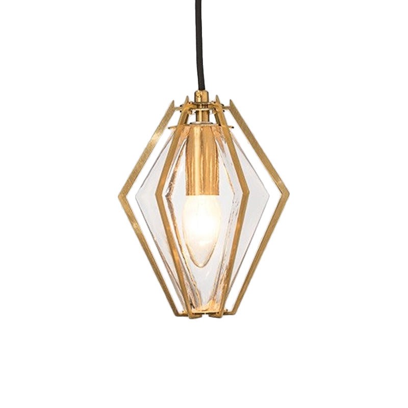 Modern Diamond Pendant Light With Metal Cage And Textured Glass In Green/Clear/White