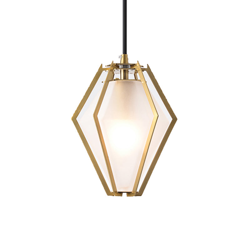 Modern Diamond Pendant Light With Metal Cage And Textured Glass In Green/Clear/White