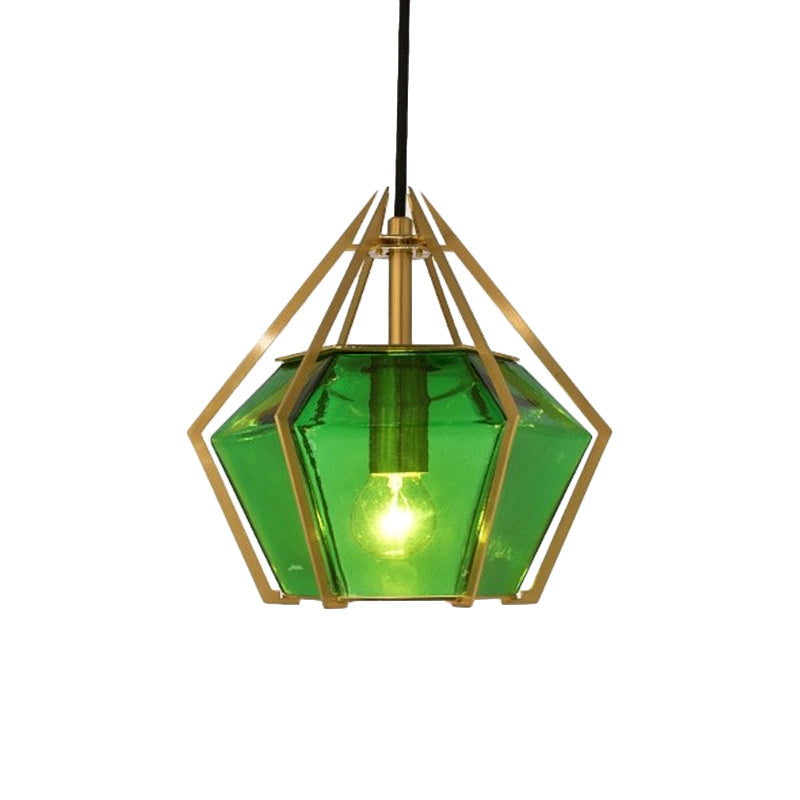 Modern Diamond Pendant Light With Metal Cage And Textured Glass In Green/Clear/White