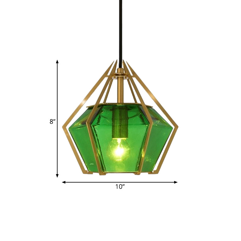 Modern Diamond Pendant Light With Metal Cage And Textured Glass In Green/Clear/White