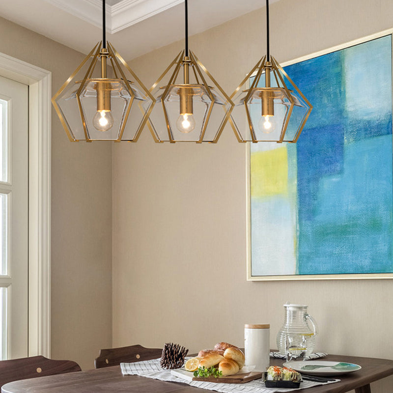 Modern Diamond Pendant Light With Metal Cage And Textured Glass In Green/Clear/White