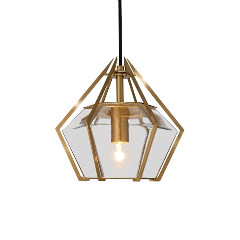 Modern Glass Diamond Pendant Light - Green/Clear/Textured White - 1 Light - Stout/Linear/Bell Metal Cage