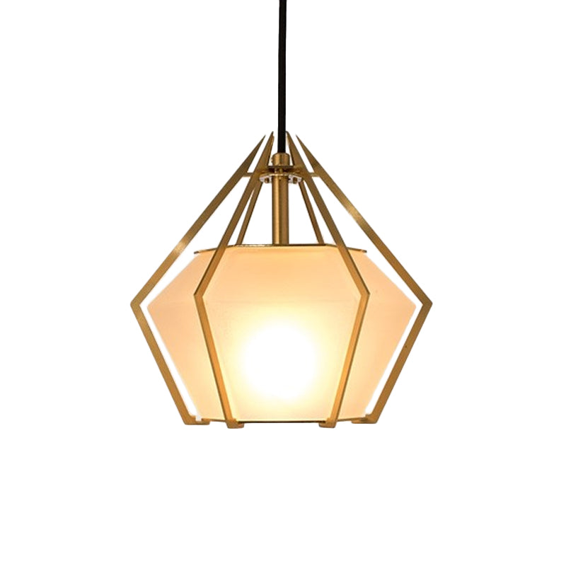 Modern Glass Diamond Pendant Light - Green/Clear/Textured White - 1 Light - Stout/Linear/Bell Metal Cage