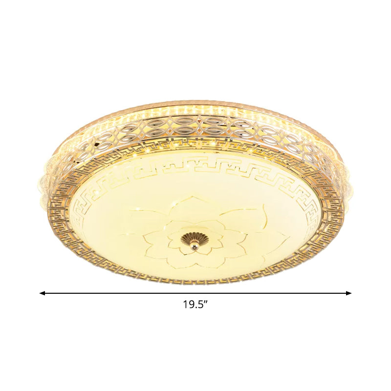 Plafonnier à tambour en verre opalin avec LED dorée et motif floral élégant