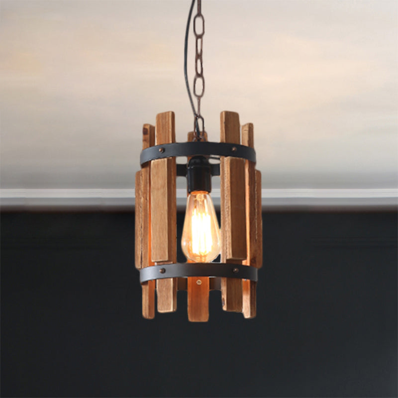 Lampe à suspension ronde rustique en métal avec cadre en bois - Bois/Blanc