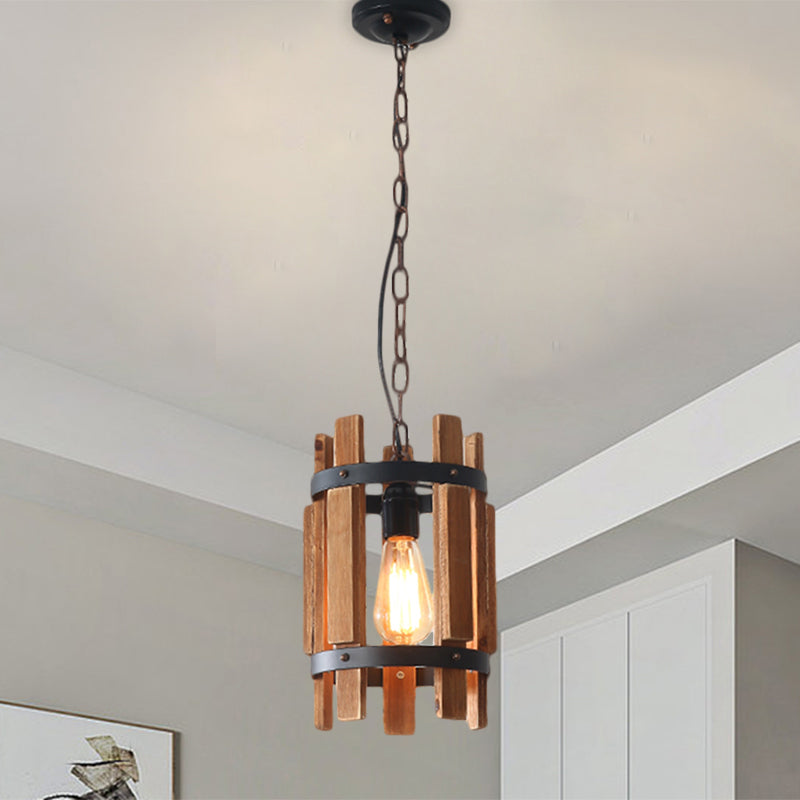 Lampe à suspension ronde rustique en métal avec cadre en bois - Bois/Blanc