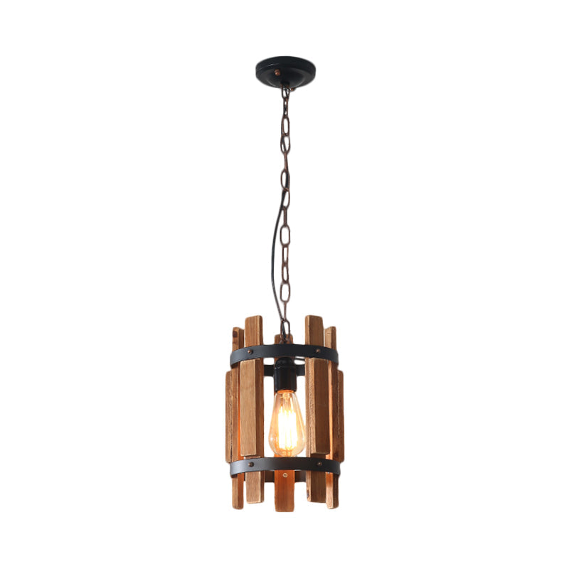 Lampe à suspension ronde rustique en métal avec cadre en bois - Bois/Blanc