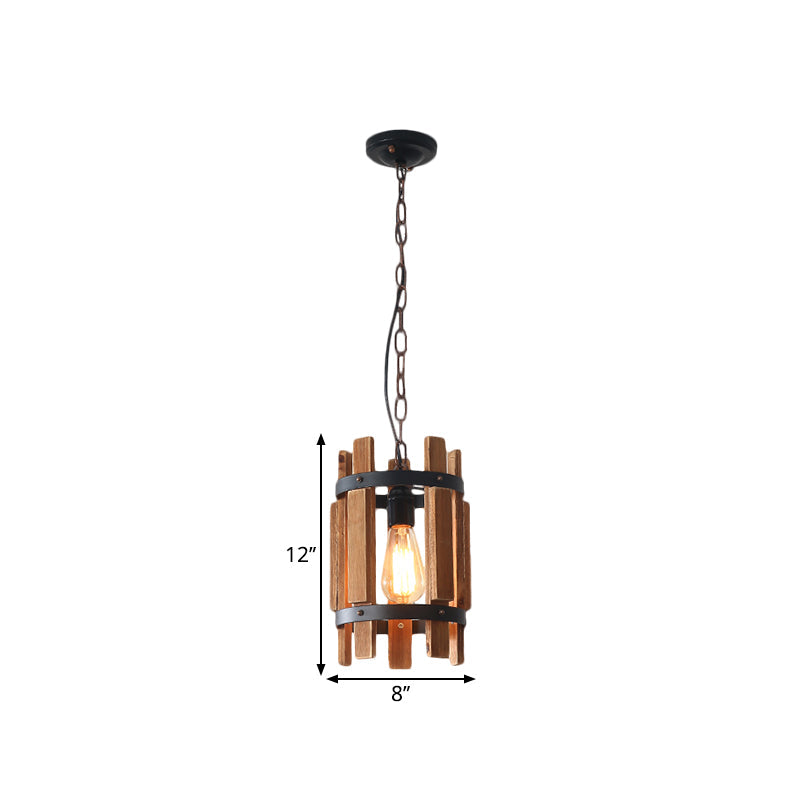 Lampe à suspension ronde rustique en métal avec cadre en bois - Bois/Blanc