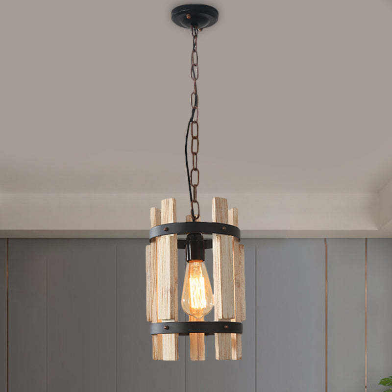 Lampe à suspension ronde rustique en métal avec cadre en bois - Bois/Blanc