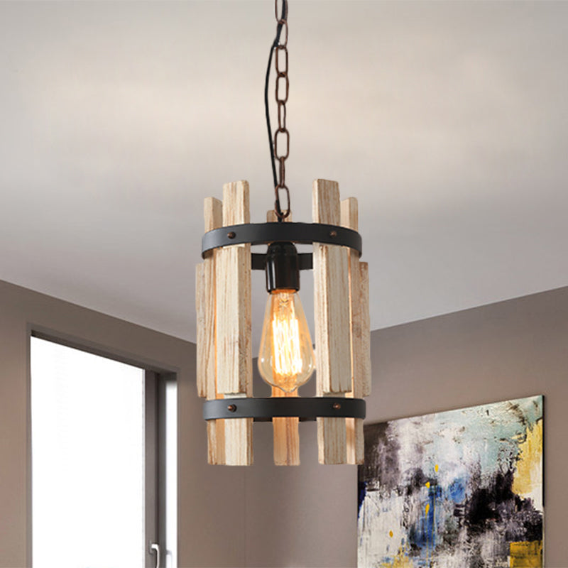 Lampe à suspension ronde rustique en métal avec cadre en bois - Bois/Blanc