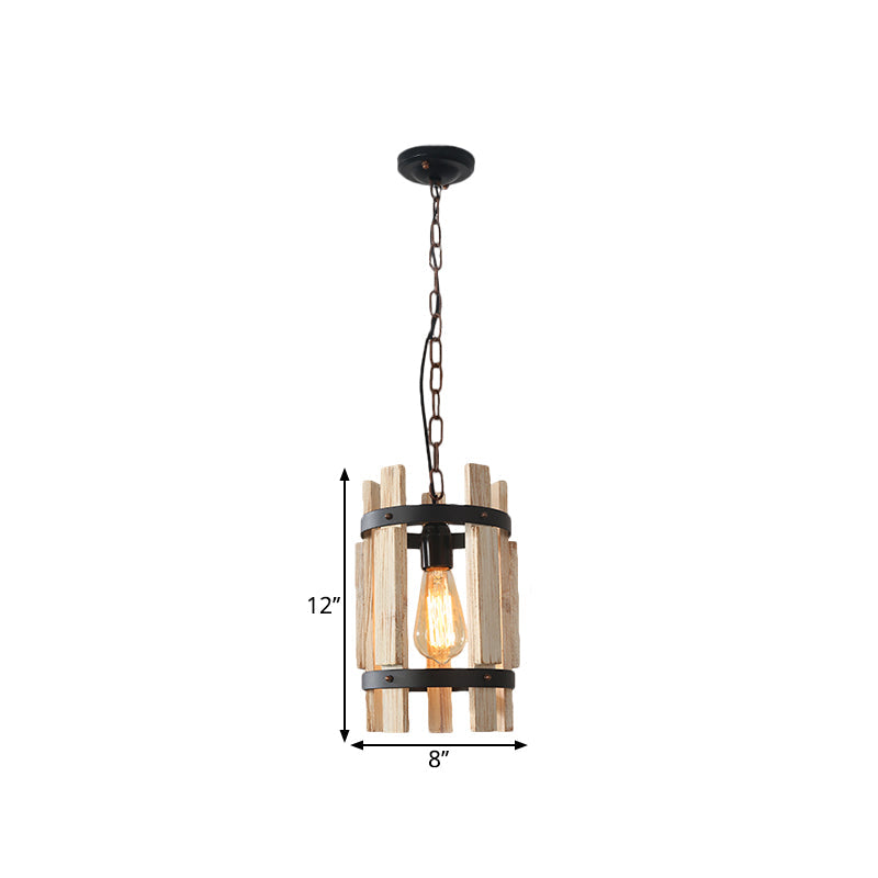 Lampe à suspension ronde rustique en métal avec cadre en bois - Bois/Blanc