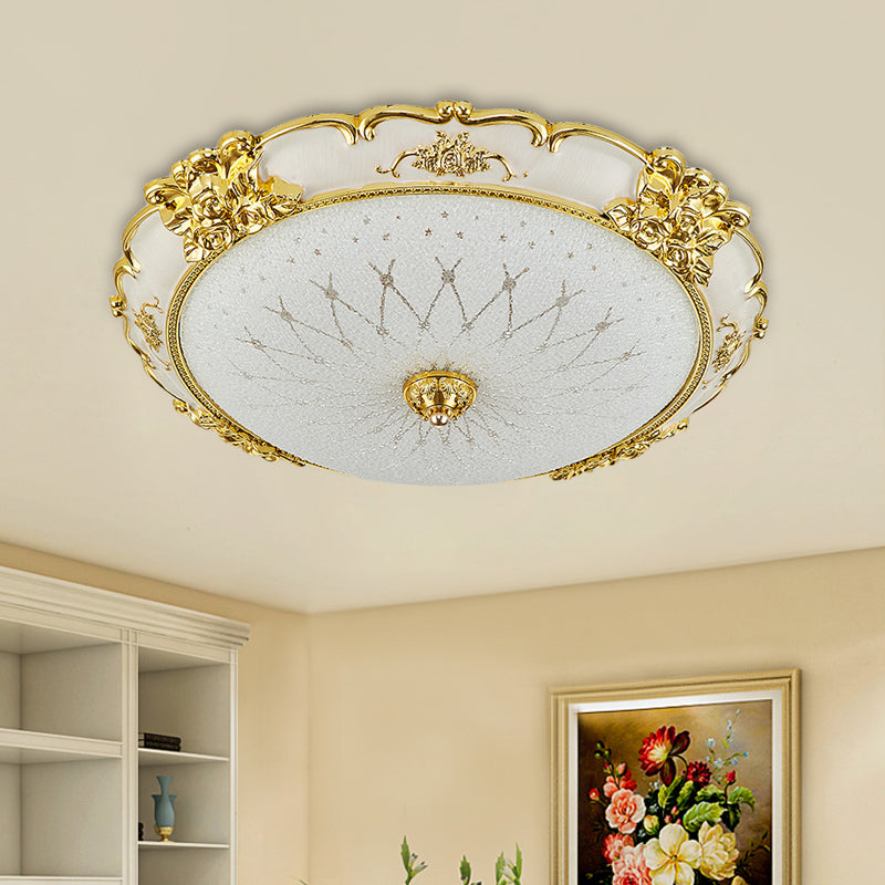 Vintage Frosted Glass LED Circular Dining Room Flush Light with Etching Flower Trim - Gold Ceiling Mounted Fixture, 14"/16" Wide