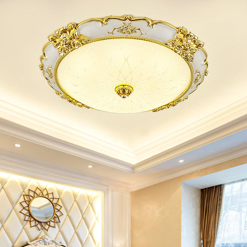 Vintage Frosted Glass LED Circular Dining Room Flush Light with Etching Flower Trim - Gold Ceiling Mounted Fixture, 14"/16" Wide