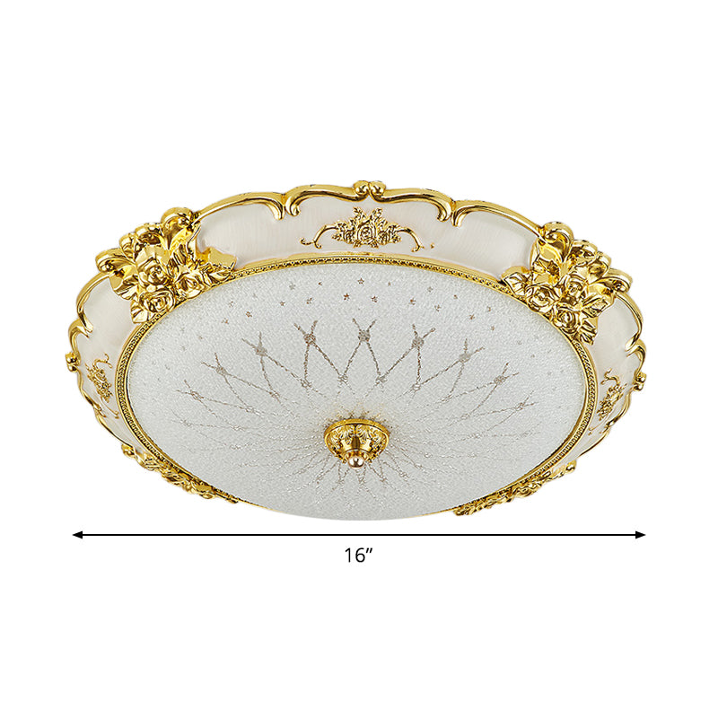 Vintage Frosted Glass LED Circular Dining Room Flush Light with Etching Flower Trim - Gold Ceiling Mounted Fixture, 14"/16" Wide