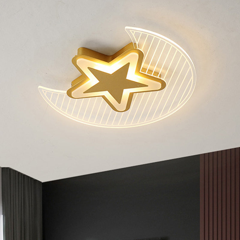 Cartoon LED Gold Flush Mount Ceiling Light with Acrylic Crescent and Star Design - Warm/White Lighting