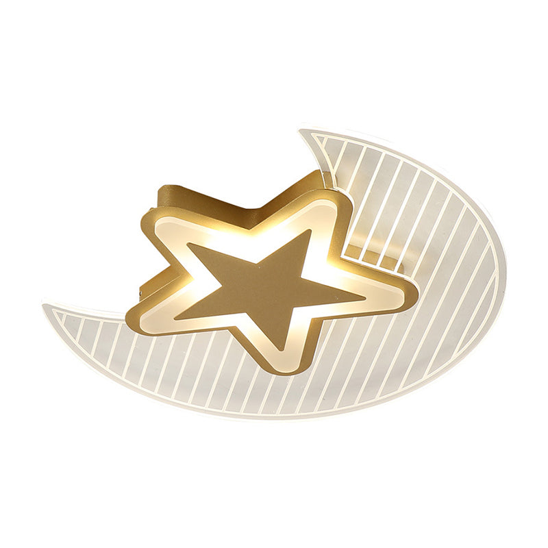 Cartoon LED Gold Flush Mount Ceiling Light with Acrylic Crescent and Star Design - Warm/White Lighting
