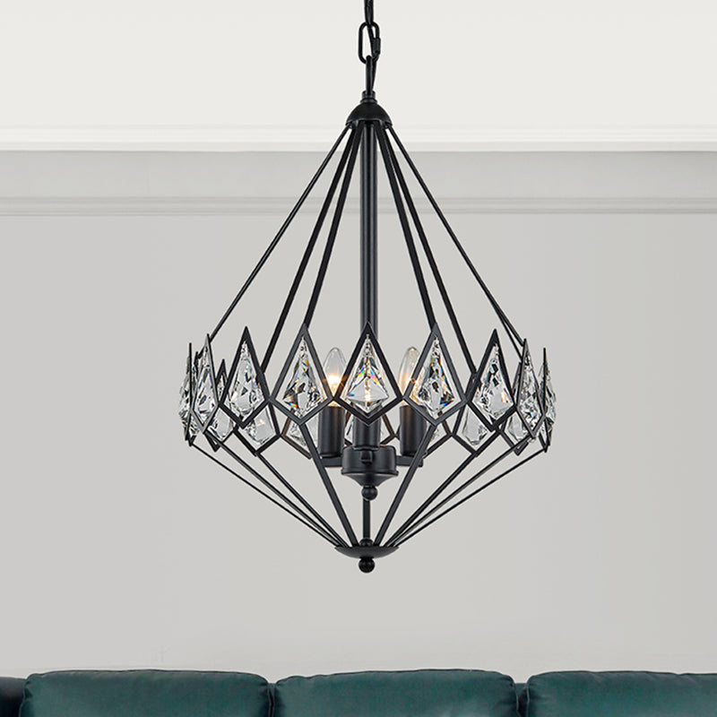 Lustre suspendu moderne en diamant avec 3 têtes métalliques et incrustations de cristal en noir - Lampe suspendue élégante pour salon