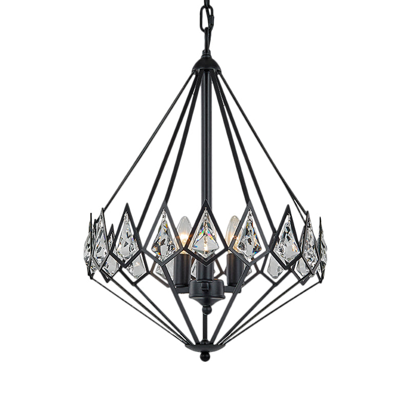 Lustre suspendu moderne en diamant avec 3 têtes métalliques et incrustations de cristal en noir - Lampe suspendue élégante pour salon