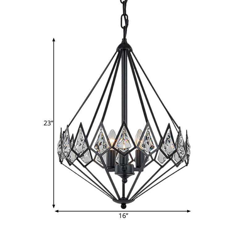 Lustre suspendu moderne en diamant avec 3 têtes métalliques et incrustations de cristal en noir - Lampe suspendue élégante pour salon