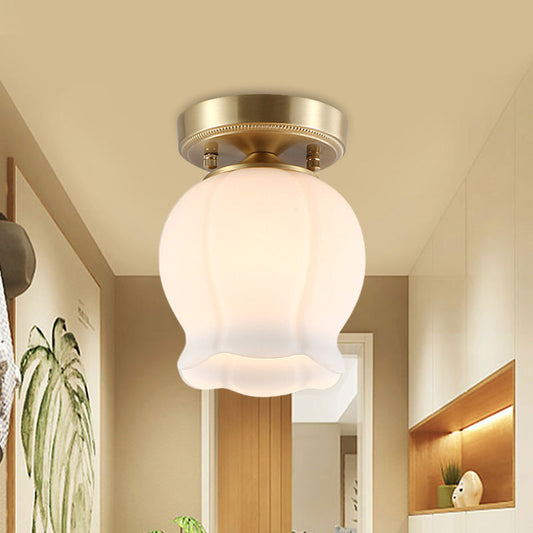 Vintage Brass Bud Semi-Mounted Ceiling Light Fixture with Cream Glass - 1 Bulb