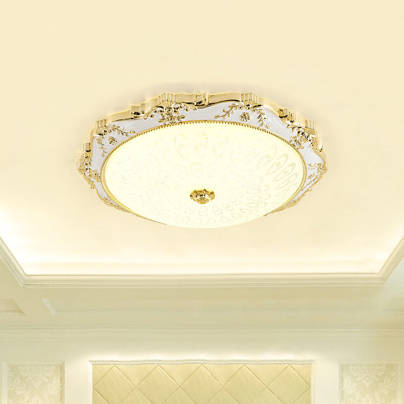LED Round Ceiling Flush - Traditional White and Gold Flush Mount Lighting with Milky Glass Print