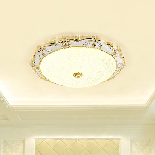 LED Round Ceiling Flush - Traditional White and Gold Flush Mount Lighting with Milky Glass Print