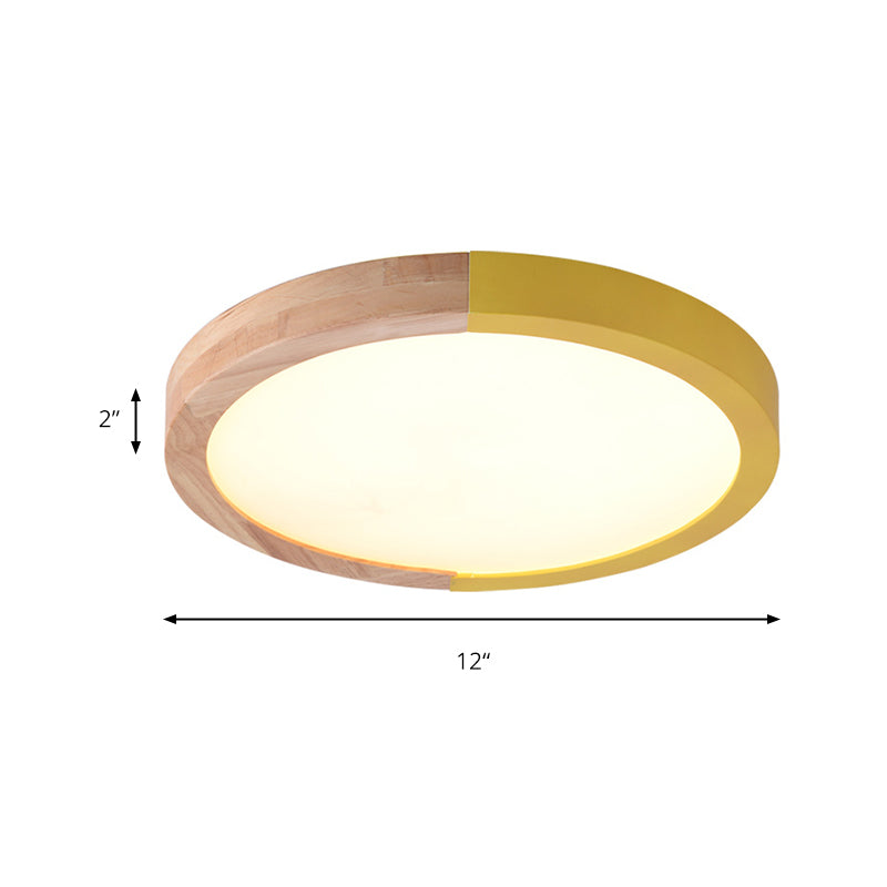 Modern Drum Flush Mount Light with Wood and Acrylic Shade for Kids Bedroom