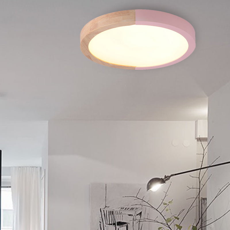 Modern Drum Flush Mount Light with Wood and Acrylic Shade for Kids Bedroom