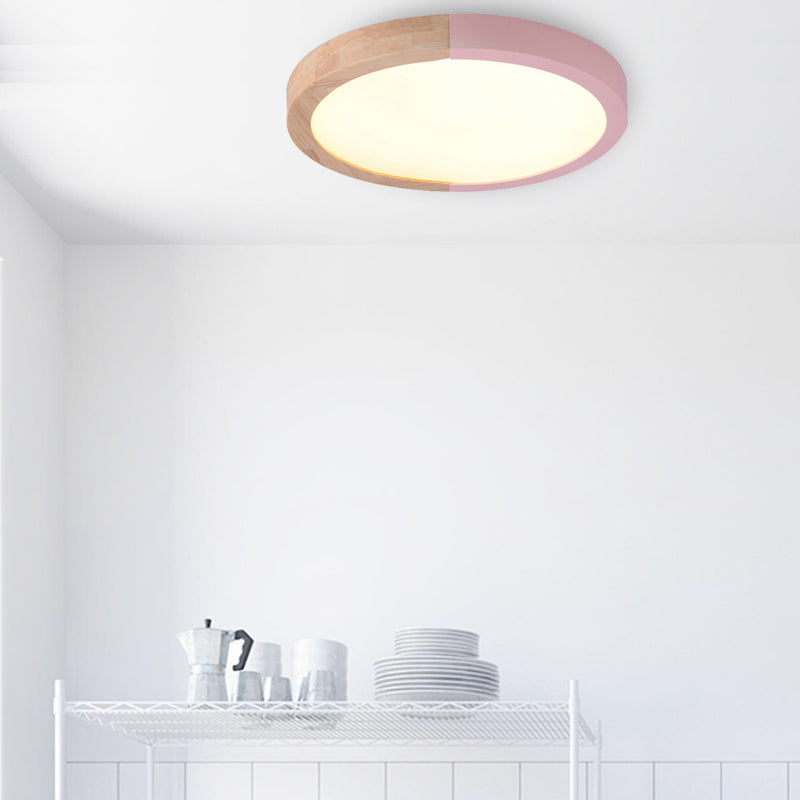 Modern Drum Flush Mount Light with Wood and Acrylic Shade for Kids Bedroom