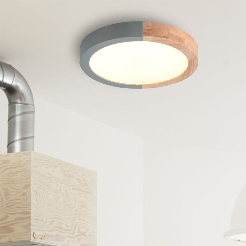Modern Drum Flush Mount Light with Wood and Acrylic Shade for Kids Bedroom