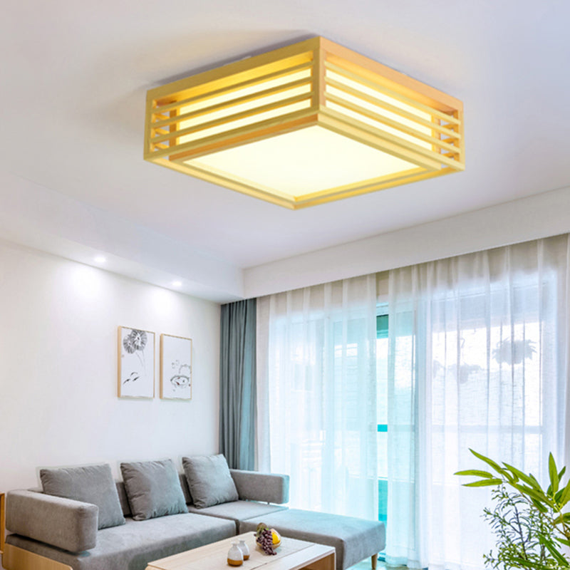 Japanese Beige LED Flush Ceiling Light with Acrylic Square Design - Warm/White Light and Wood Cage for Living Room