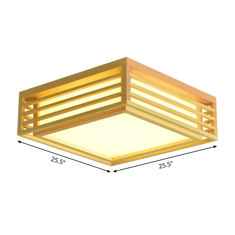 Japanese Beige LED Flush Ceiling Light with Acrylic Square Design - Warm/White Light and Wood Cage for Living Room