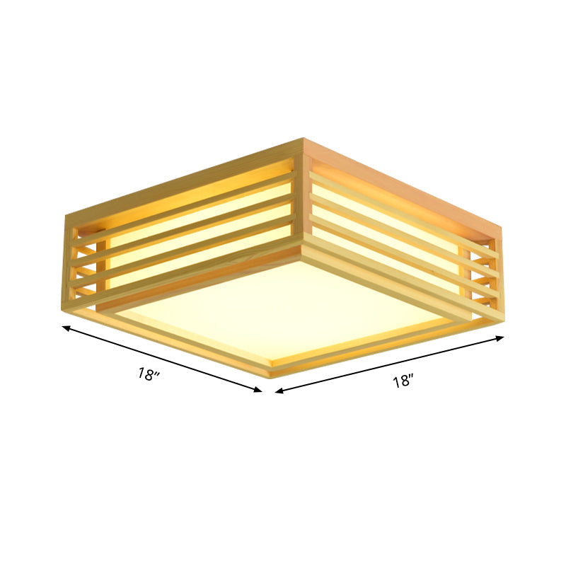 Japanese Beige LED Flush Ceiling Light with Acrylic Square Design - Warm/White Light and Wood Cage for Living Room