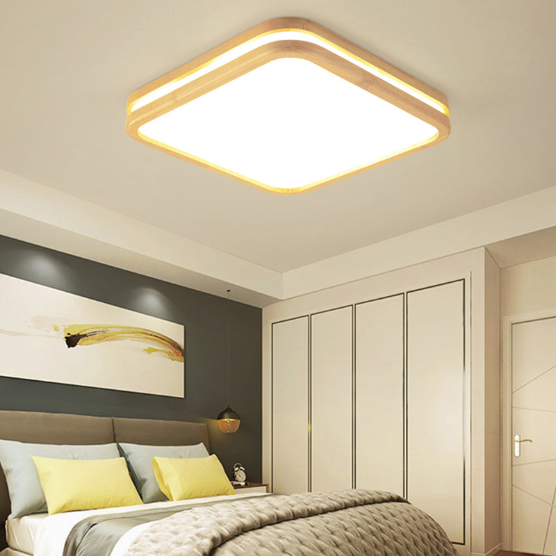 Slim Panel Square Ceiling Mount Light: Wood Edge, Simple Style, LED Ceiling Lamp - Beige (18/26 Inch Wide)