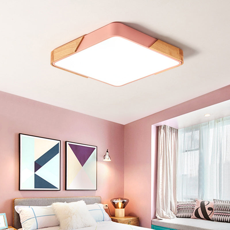 Kids Bedroom Ceiling Light - Nordic Green Square Flush Mount with Wood and Acrylic Shade